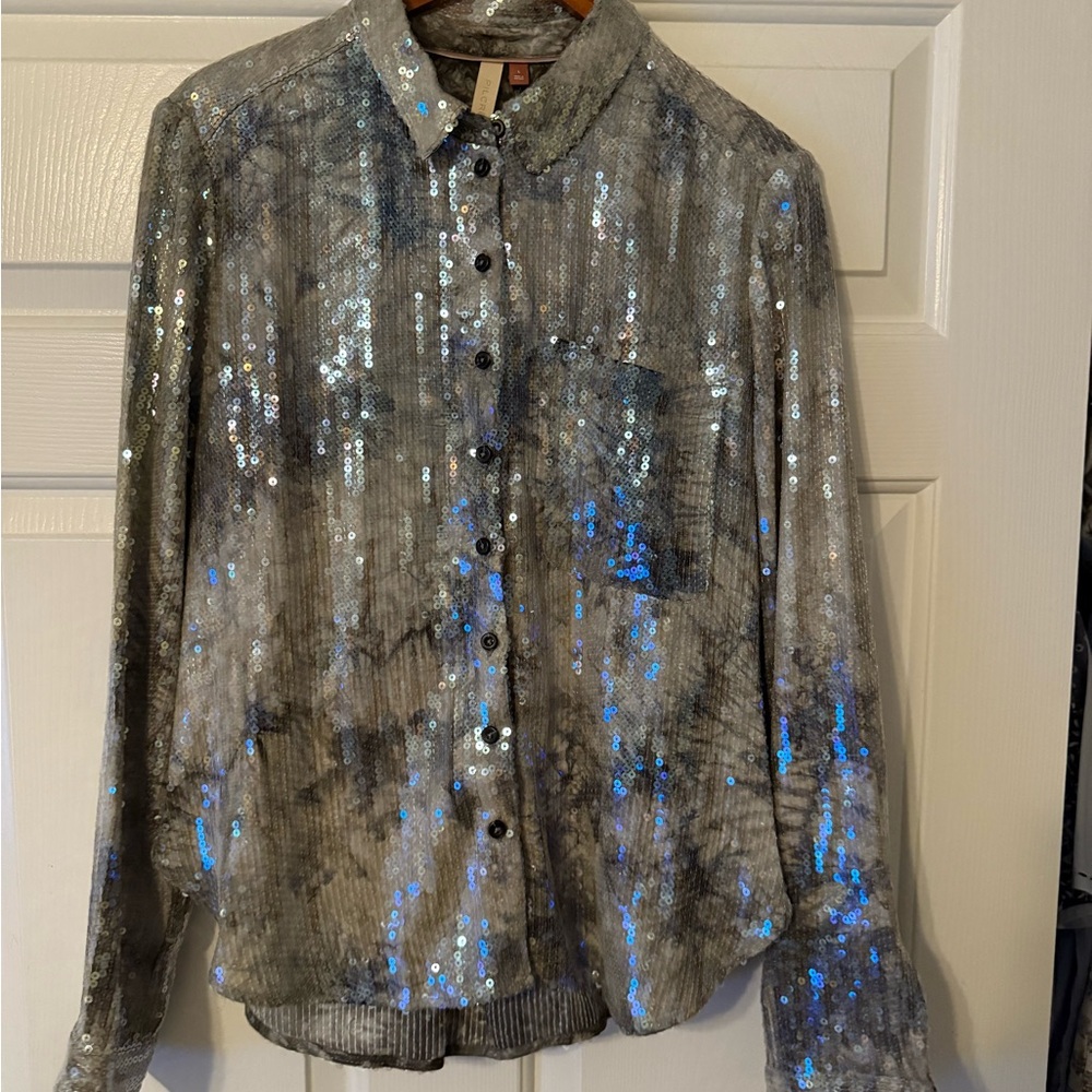 Anthropologie Silver Sequin Button-Up Shirt